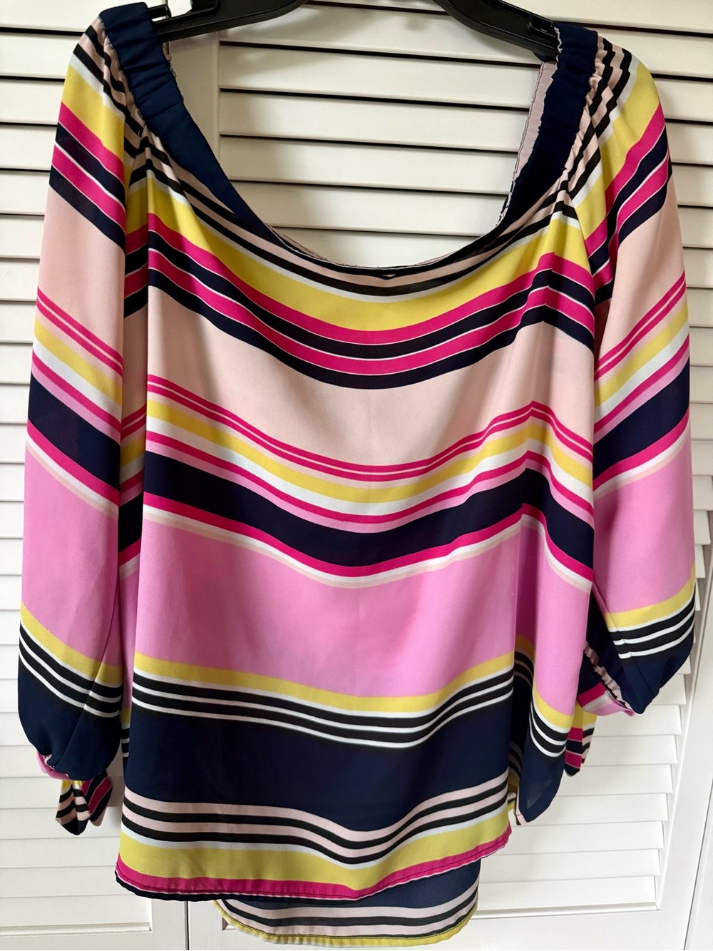 INC International Concepts Navy Pink Yellow Striped Scoop-Neck Blouse